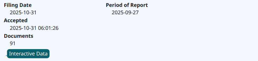 Apple's SEC filing details show a filing date of October 31, 2025, a period of report of September 27, 2025, and 91 documents.