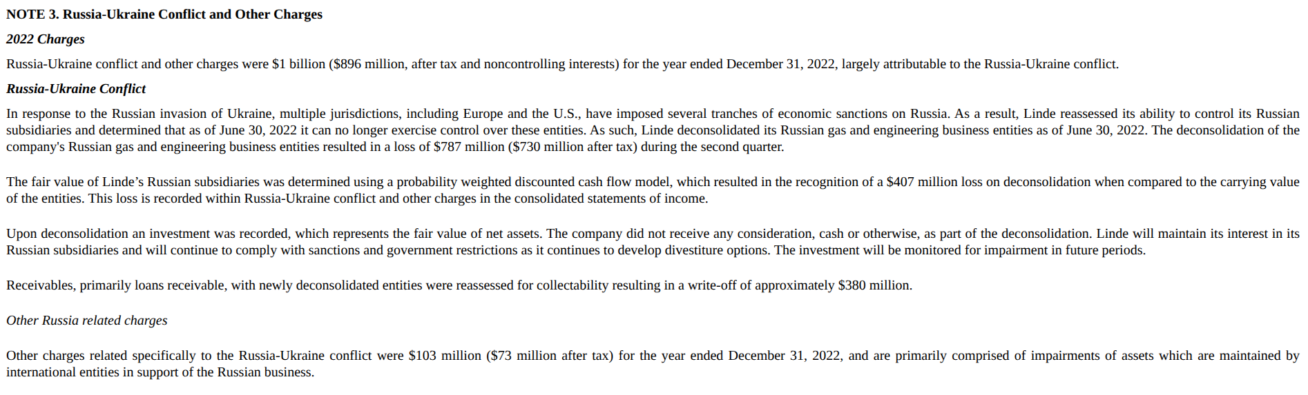 Linde's Note 3 explains that its 2022 Russia-Ukraine conflict and other charges were approximately $1 billion and describes the loss from deconsolidating its Russian subsidiaries, related receivable write-offs, other charges, and after-tax amounts.